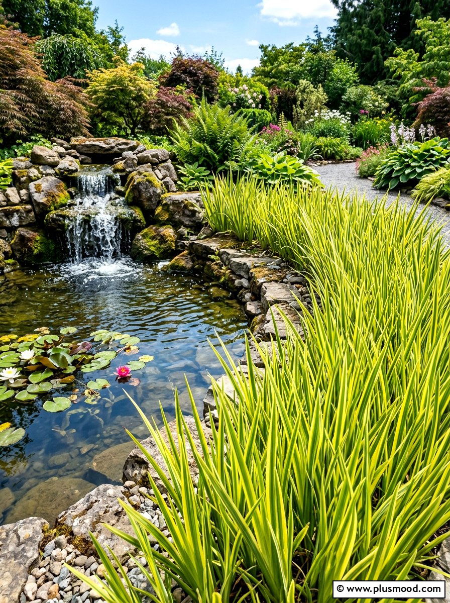 Sweet Flag Pond Border - 25 summer ornamental grass landscaping ideas