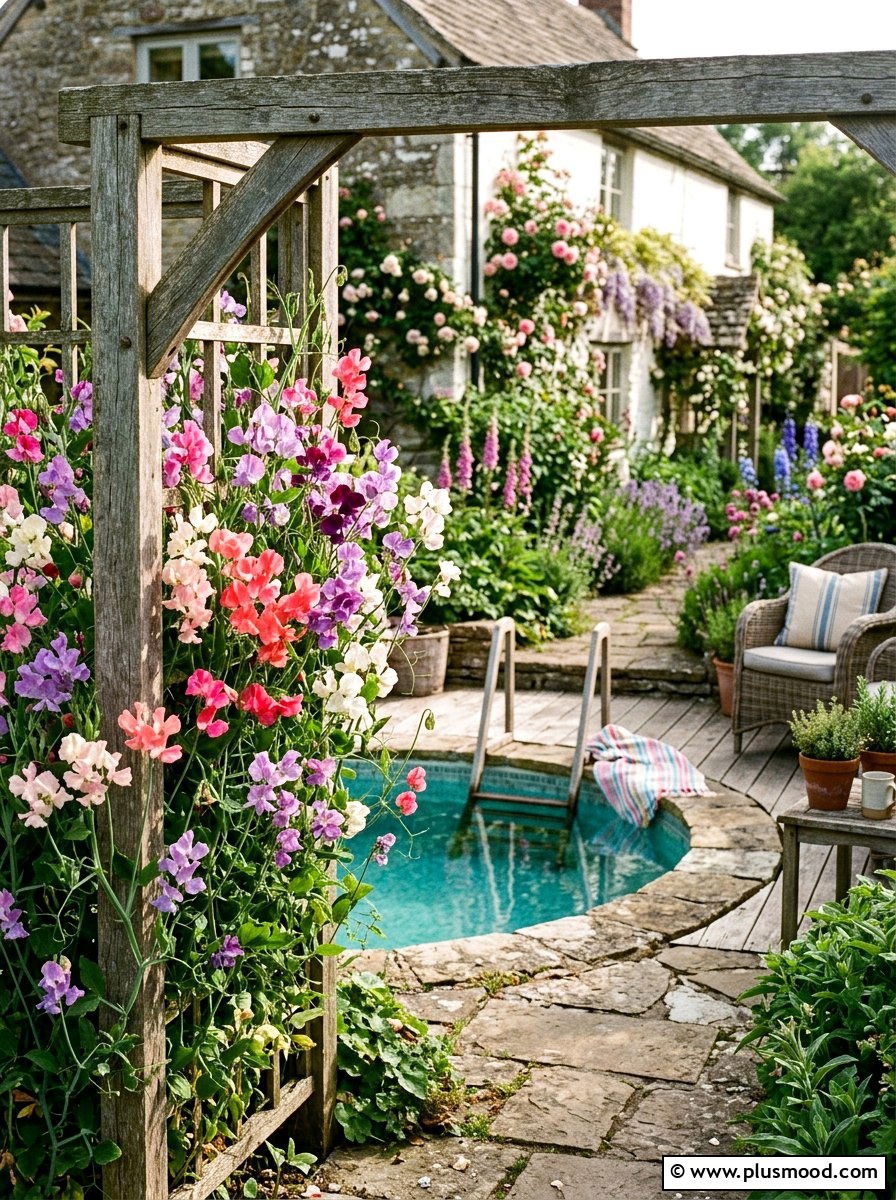 Sweet Pea Poolside Frame - 25 pool landscaping ideas with climbing plants