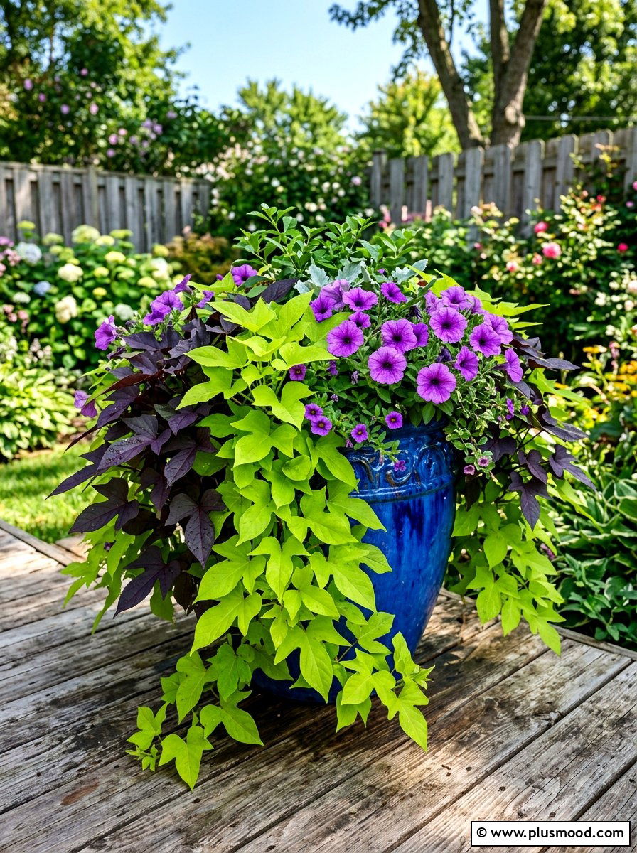 Sweet Potato Vine Mixed Arrangement - 25 summer low maintenance planter ideas