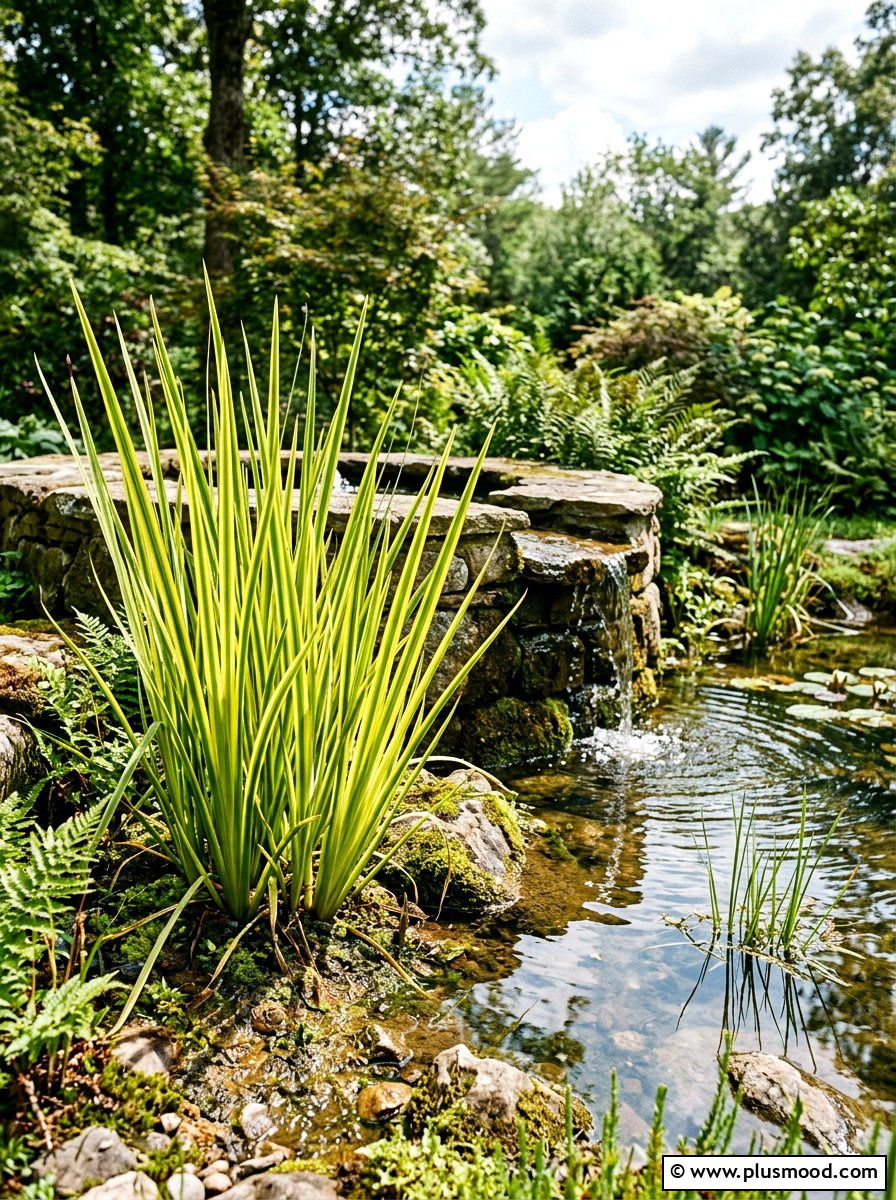 Sweet flag near pool water - 25 pool landscaping ideas with ornamental grasses