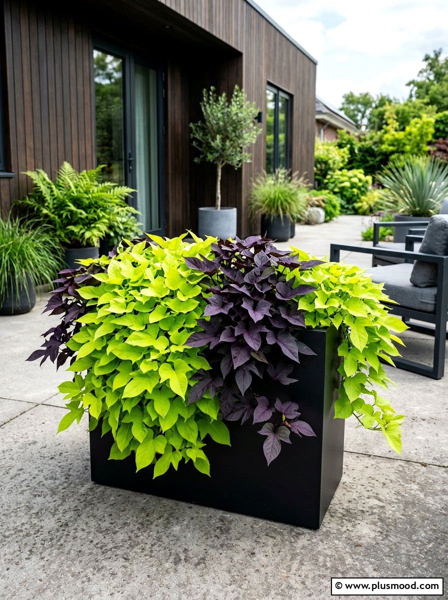Sweet potato vine arrangement - 25 summer planter ideas for full sun