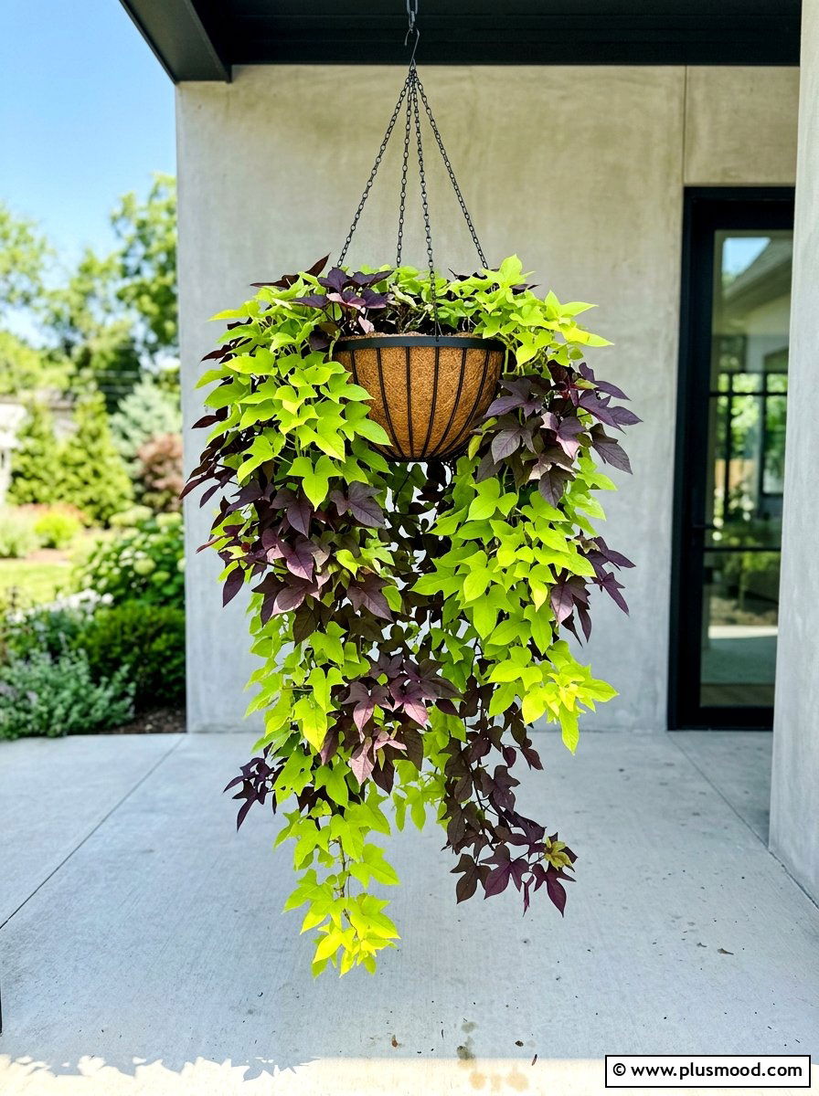 Sweet potato vine hanging foliage - 25 summer front porch decor ideas with hanging baskets