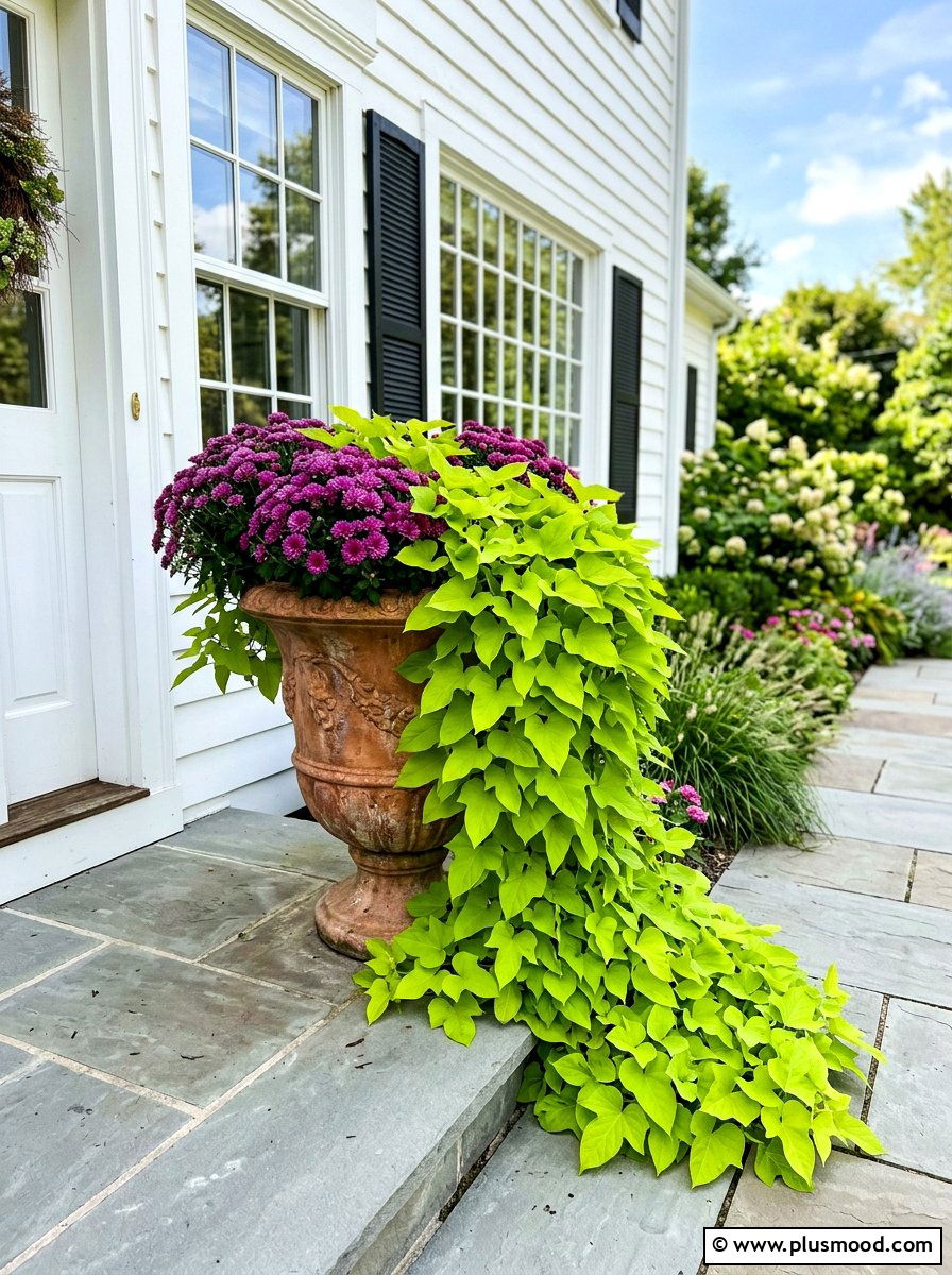 Sweet potato vine transition - 25 summer to fall front porch planter ideas