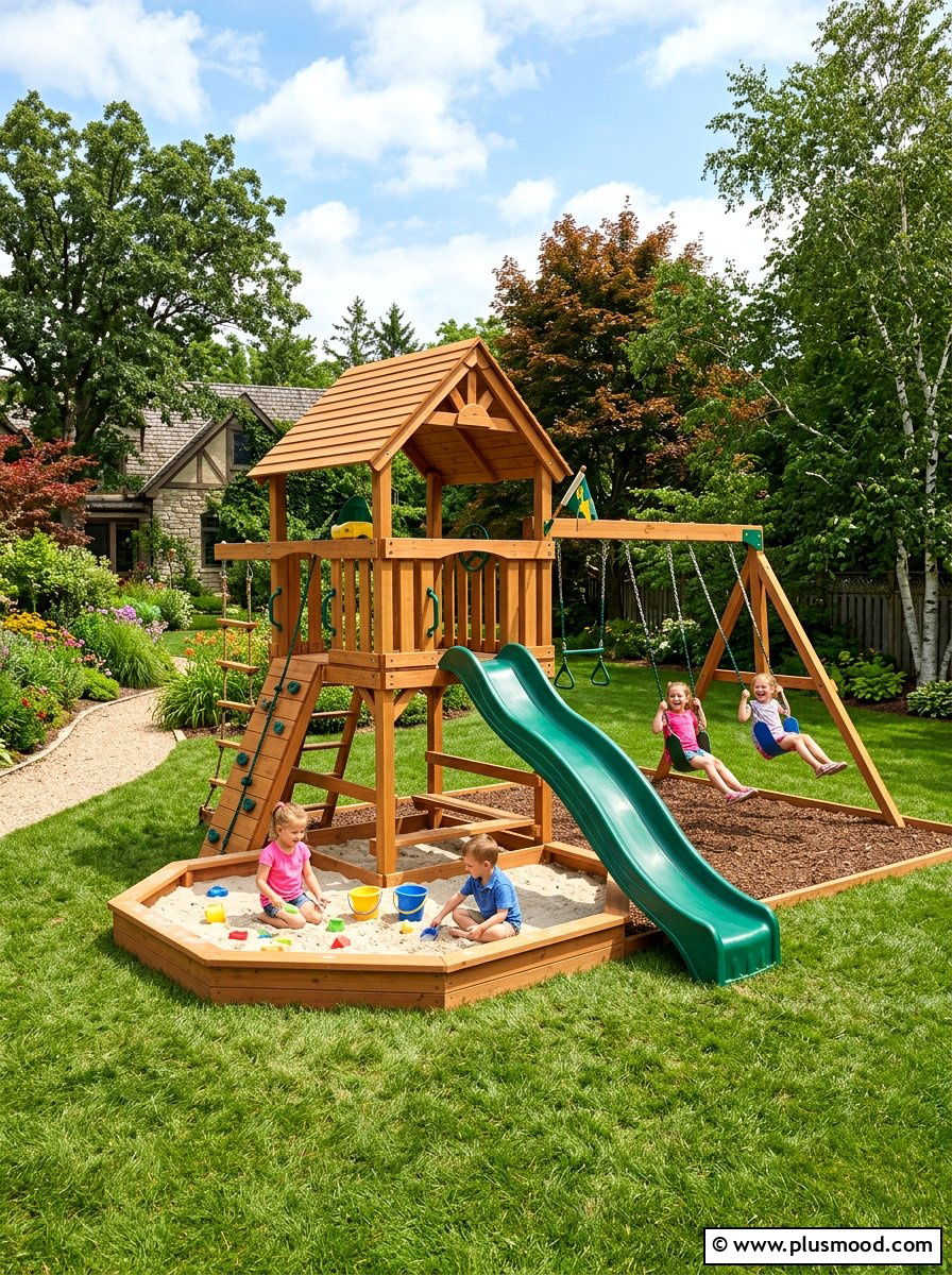 Swing set with integrated sandbox - 25 small backyard ideas with swing set