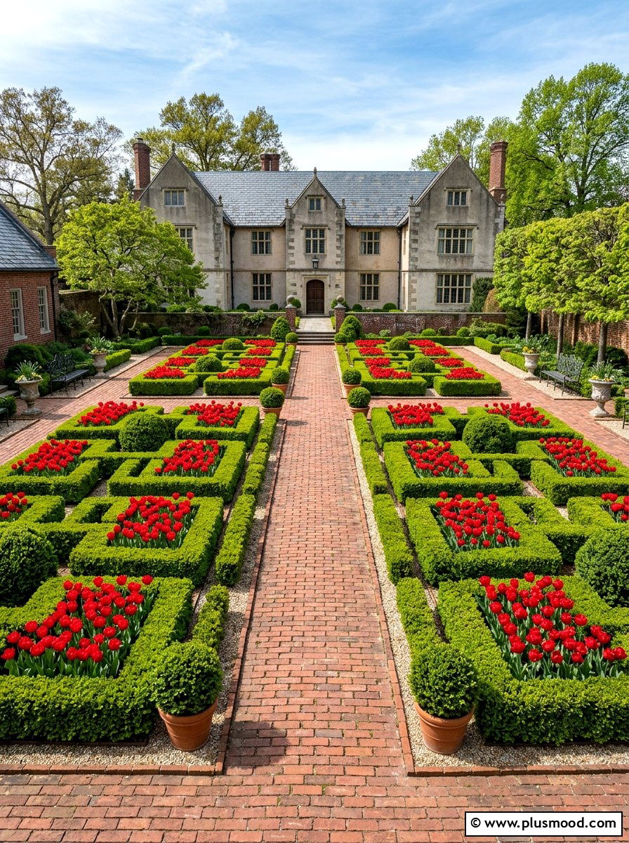 Symmetrical Boxwood Flower Beds - 25 small backyard ideas with flower beds