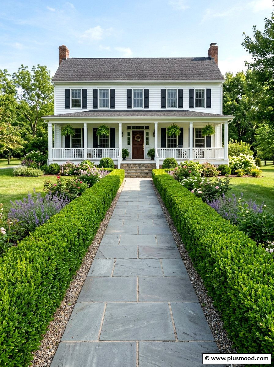Symmetrical Boxwood Hedges - 25 summer farmhouse curb appeal ideas