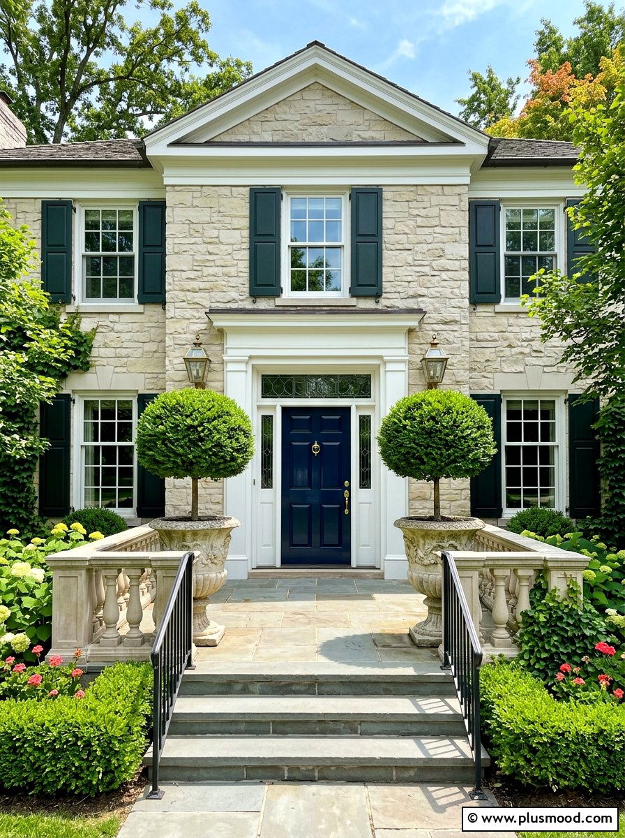 Symmetrical Boxwood Porch - 25 summer front steps decor ideas