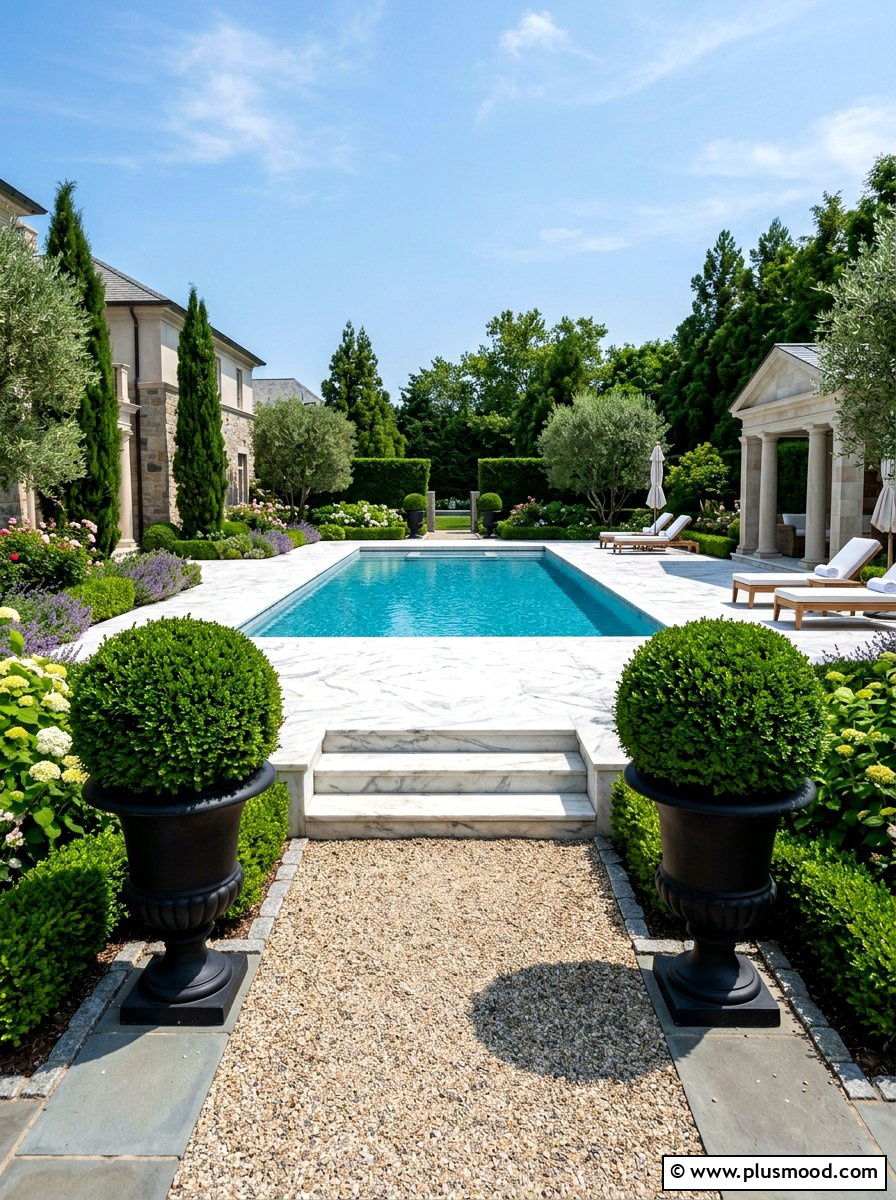 Symmetrical Boxwood Shrub In Black Planter - 25 pool landscaping ideas with potted plants