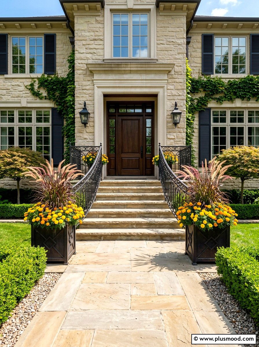 Symmetrical Entrance Rail Box - 25 summer porch rail planter ideas