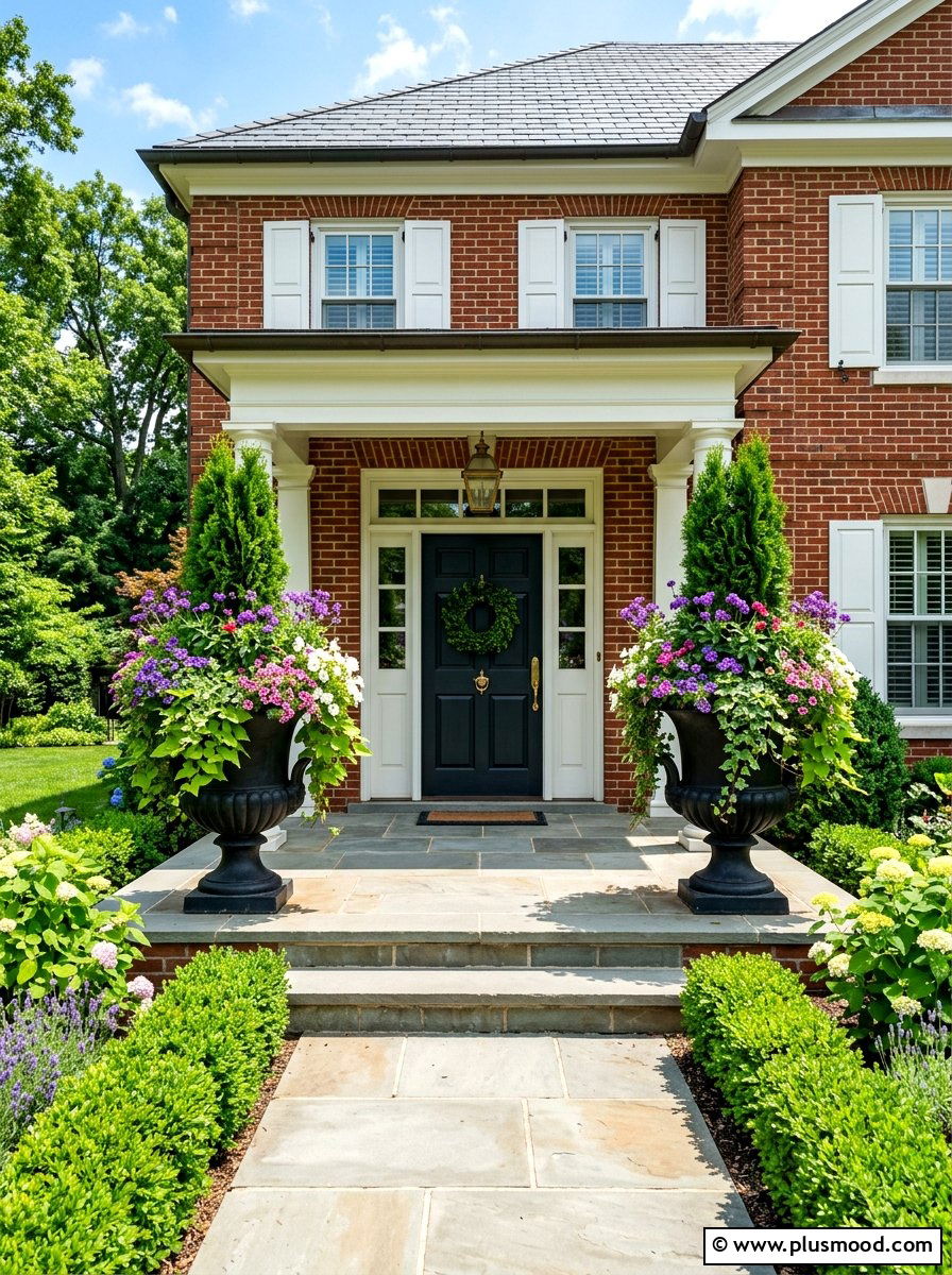 Symmetrical Front Door Planters - 25 summer brick house curb appeal ideas