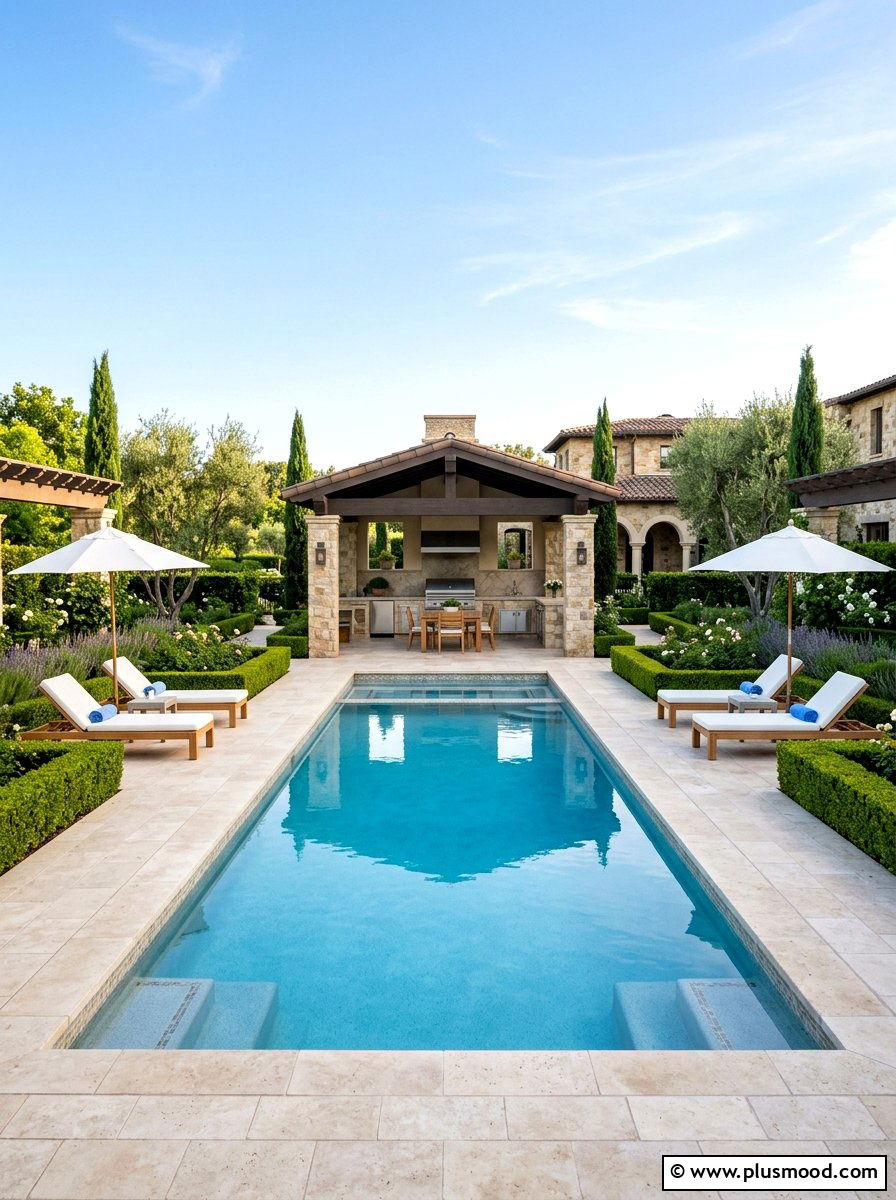 Symmetrical Pool Design - 25 pool landscaping ideas with outdoor kitchen