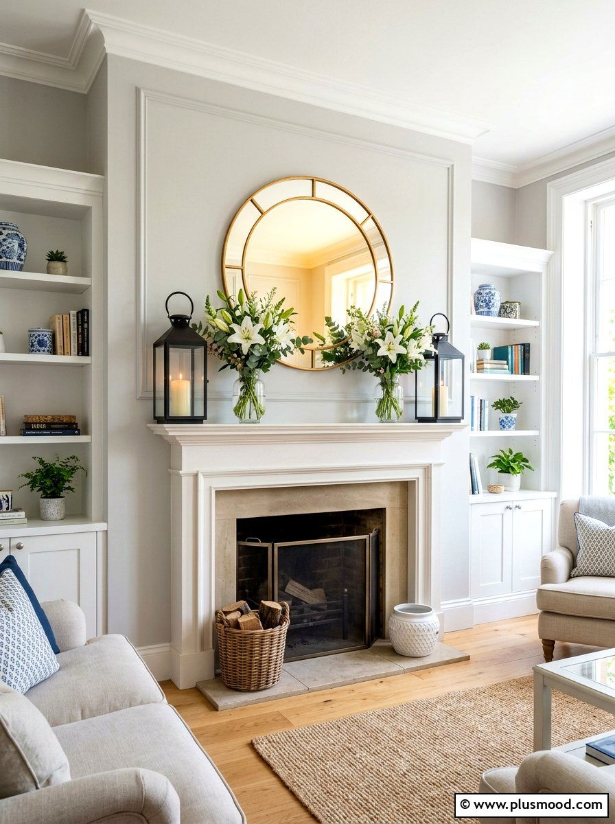 Symmetrical Summer Mantel - 25 summer mantel ideas for living room
