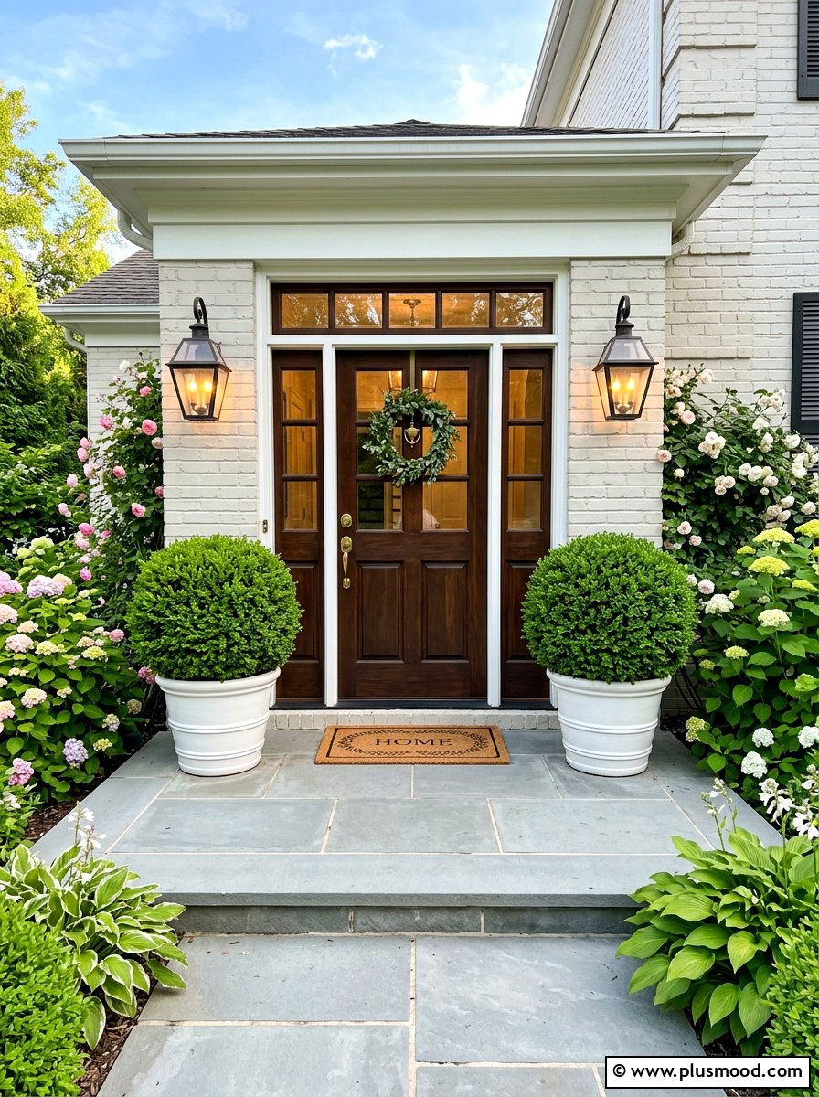 Symmetrical front door topiaries - 25 summer front porch decor ideas with topiaries
