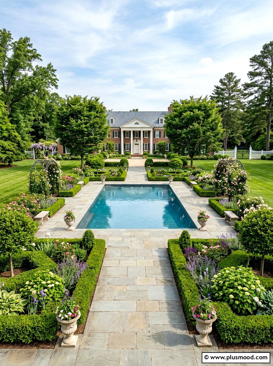 Symmetrical garden layout - 25 pool landscaping ideas for colonial homes