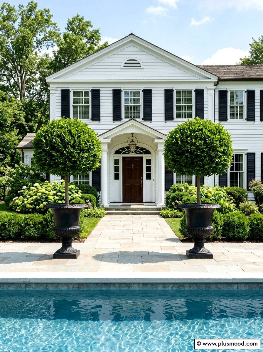 Symmetrical potted trees - 25 pool landscaping ideas for colonial homes