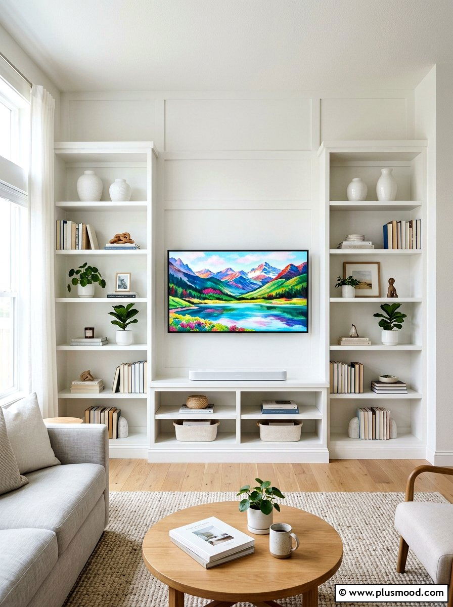 Symmetrical shelving tv wall - 25 summer TV wall decor ideas