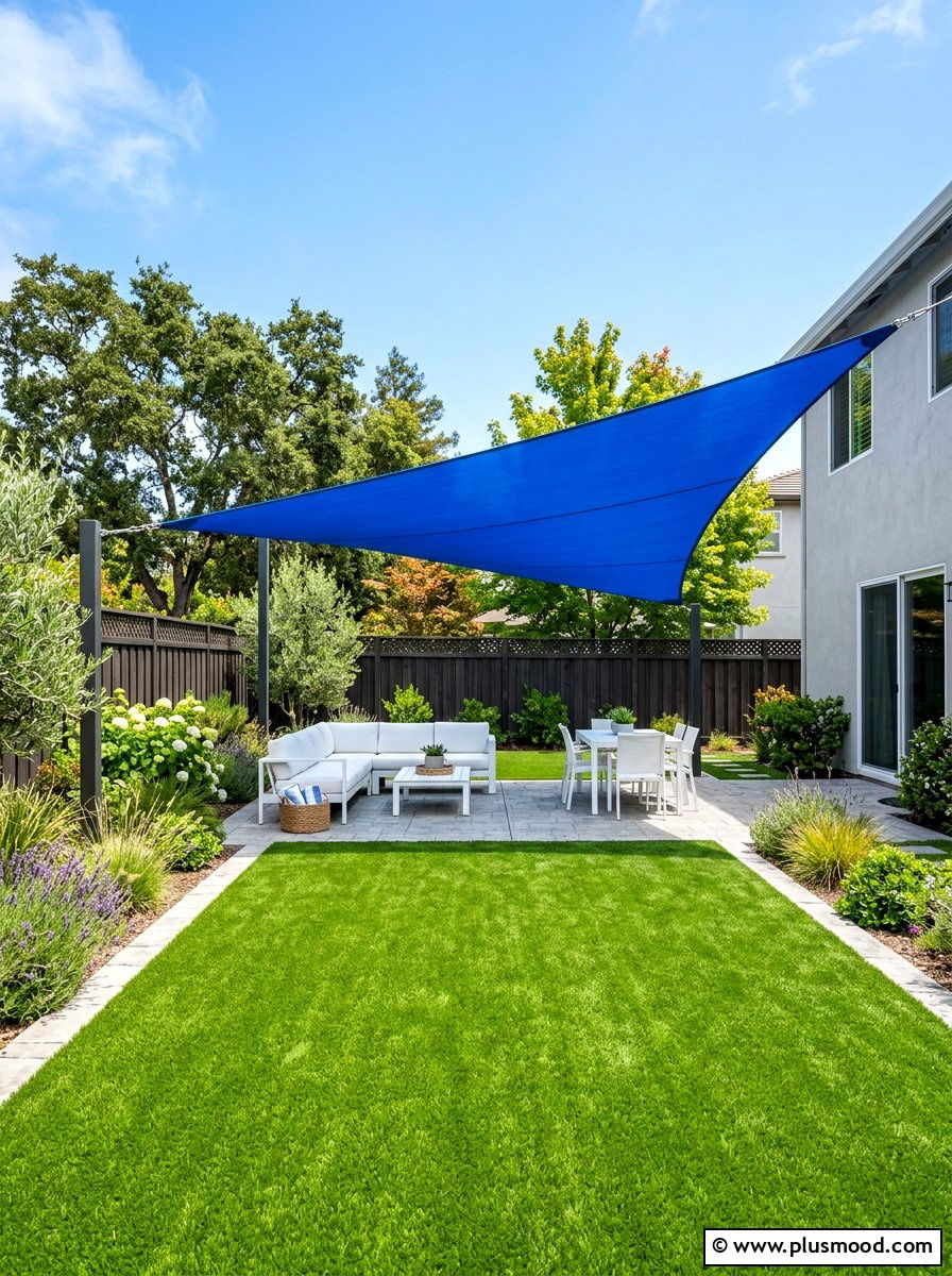 Synthetic Turf Yard Under Blue Shade Sail - 25 small backyard ideas with shade sail