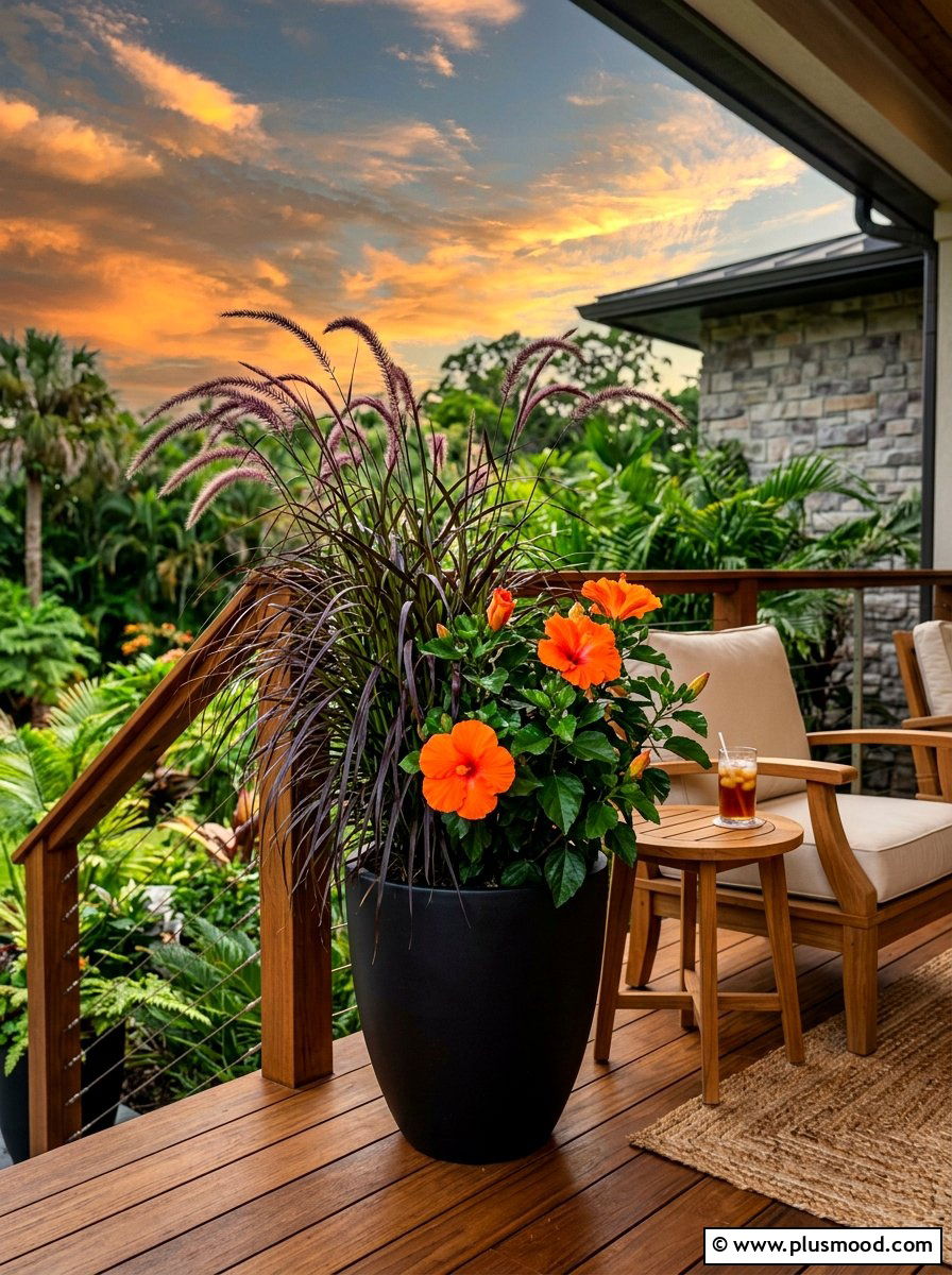 Tall Grass And Hibiscus Container - 25 summer flower pot arrangement ideas for front porch