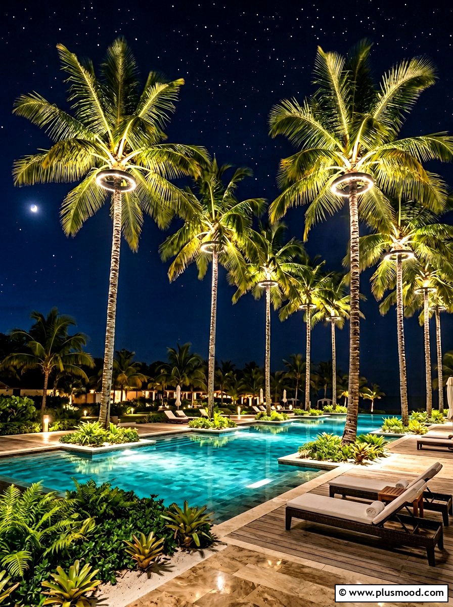 Tall Palm Trees With Tree Ring Lights - 25 pool landscaping ideas with night lighting