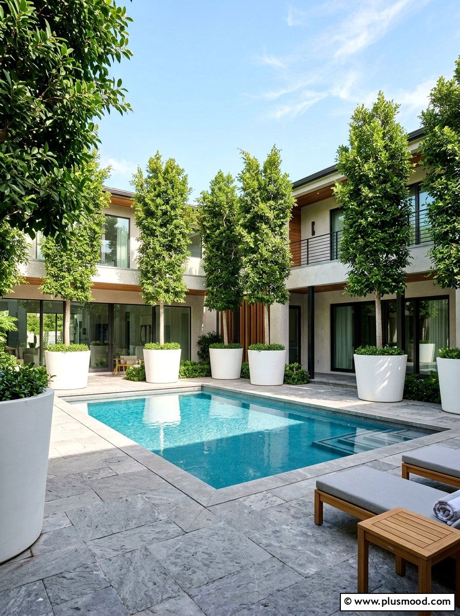 Tall Potted Trees - 25 pool landscaping ideas for courtyard pools