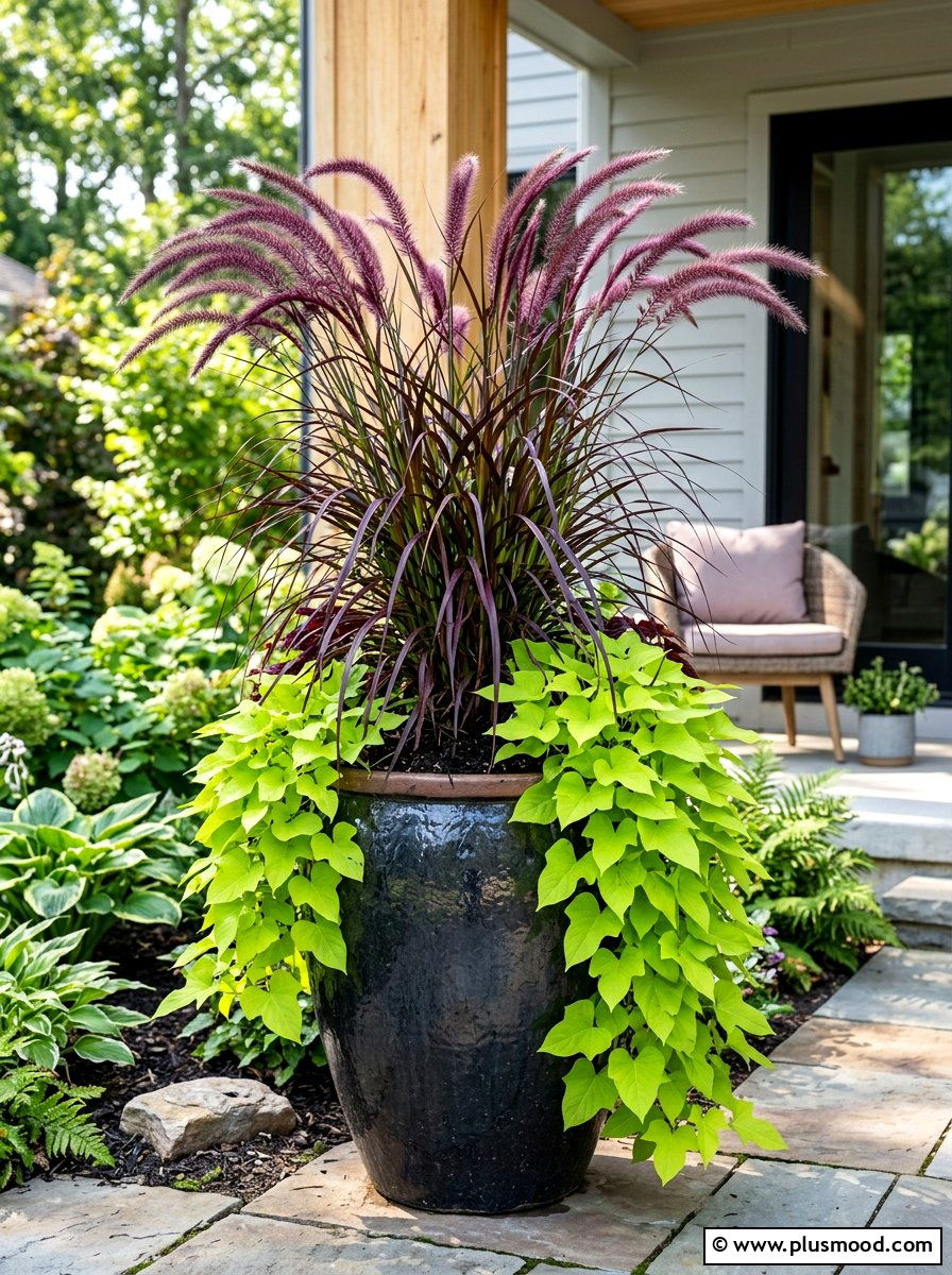 Tall Purple Fountain Grass - 25 late summer porch planter ideas