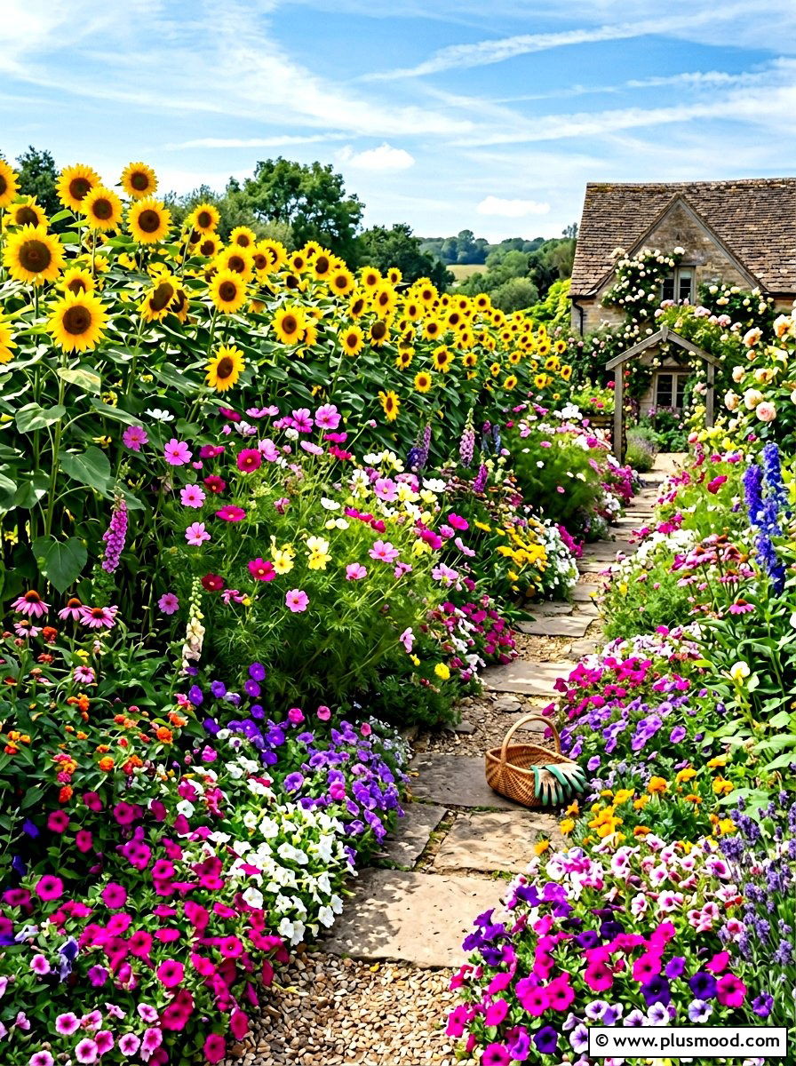 Tall Sunflower Backdrop - 25 summer layered flower bed ideas