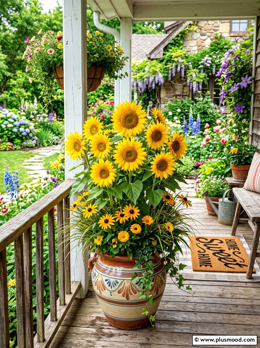 Tall Sunflower Porch Display - 25 late summer planter ideas for porch