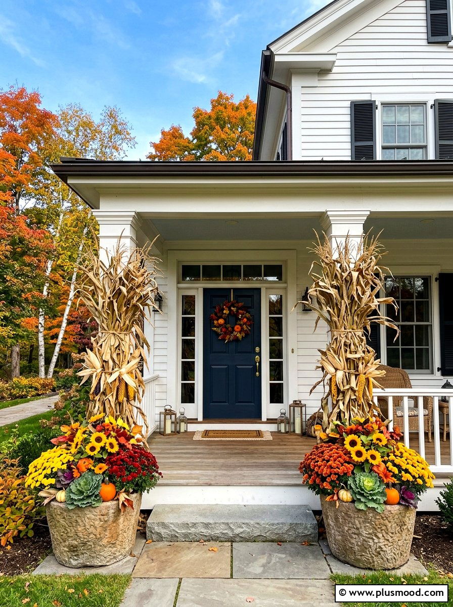 Tall corn stalk backdrop - 25 summer to fall front porch planter ideas