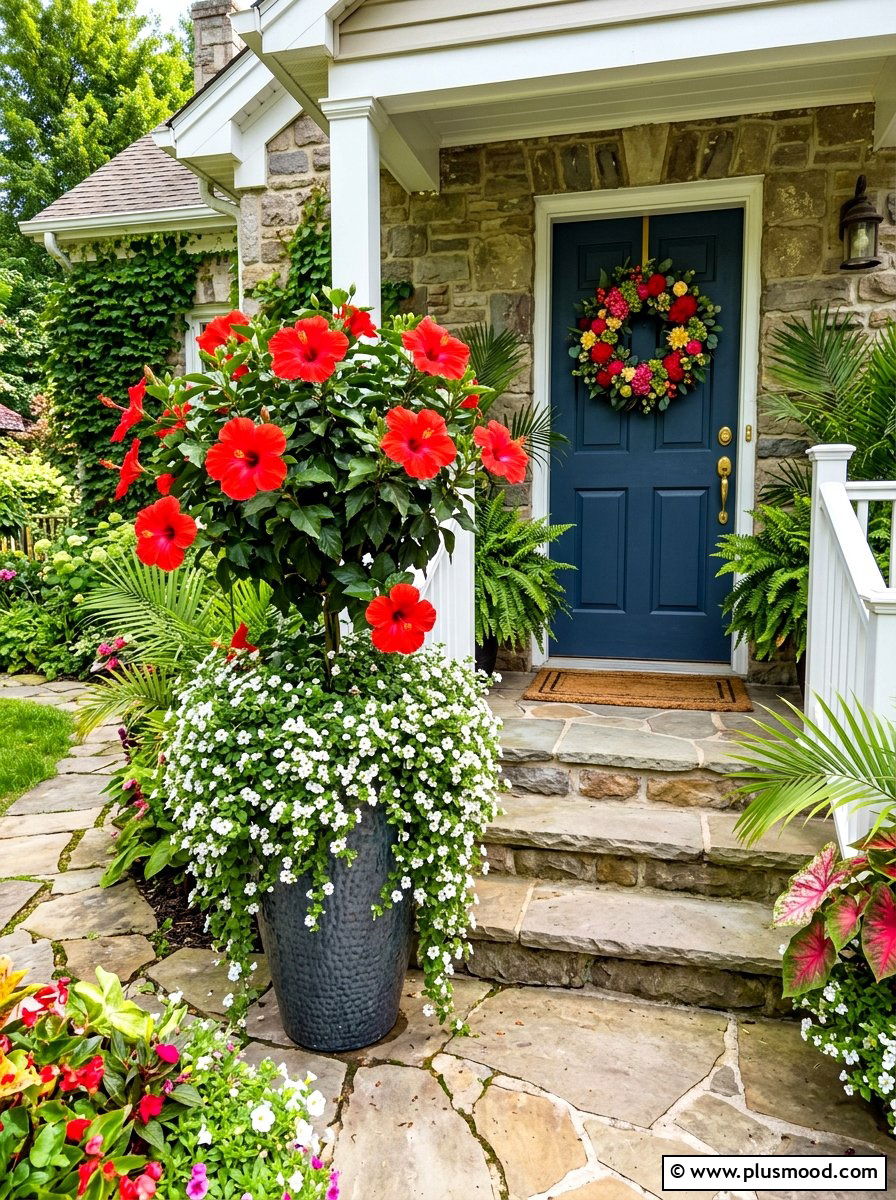 Tall planter with hibiscus - 25 summer tall planter ideas