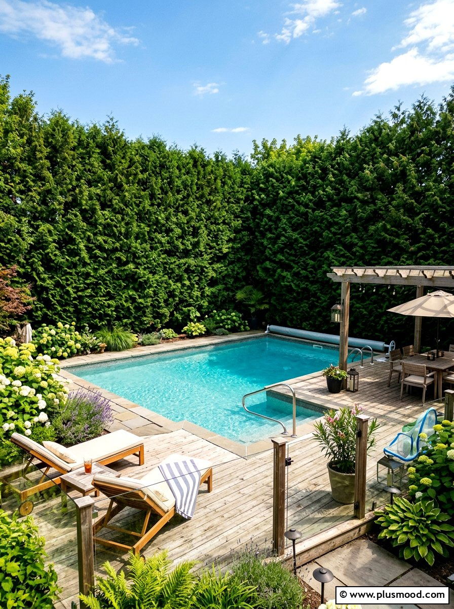 Tall privacy hedge for pool area - 25 pool landscaping ideas with hedge border