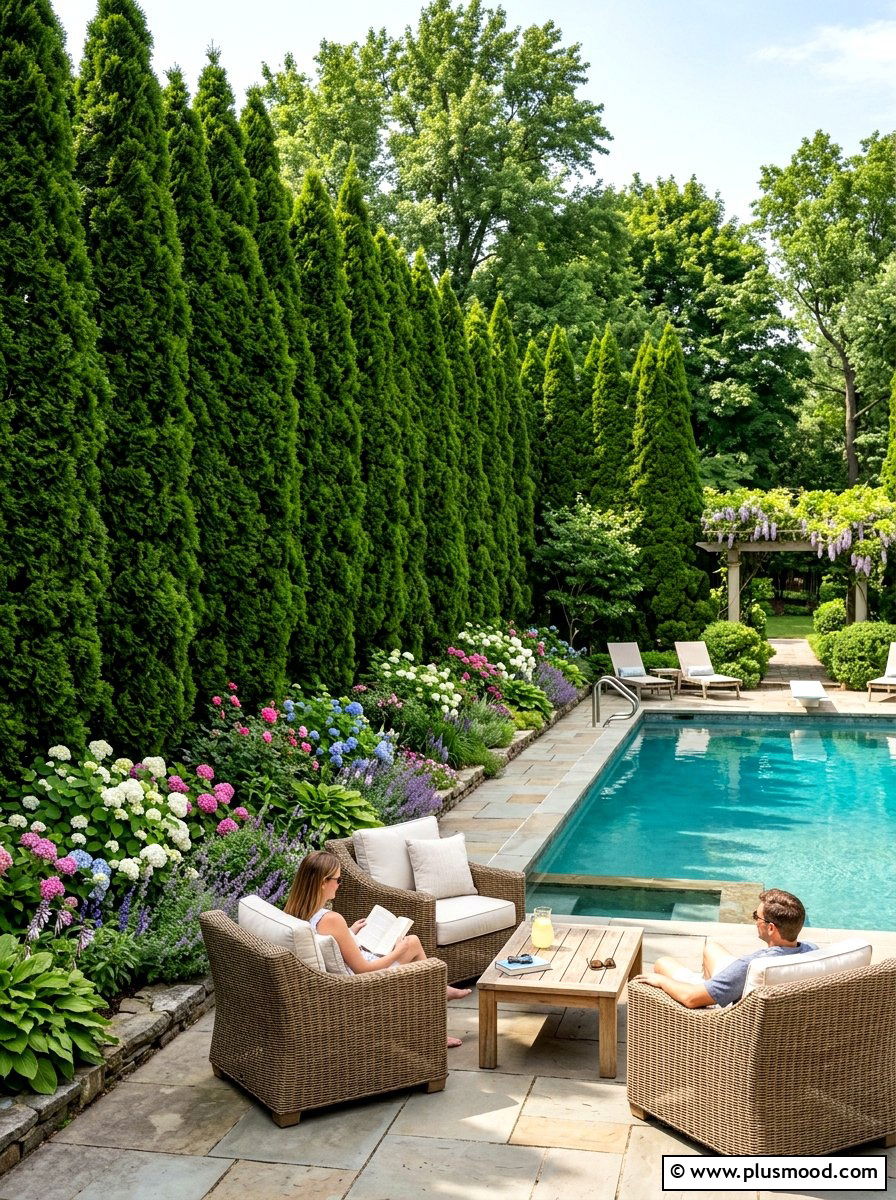 Tall privacy hedges for pools - 25 pool landscaping ideas with outdoor seating