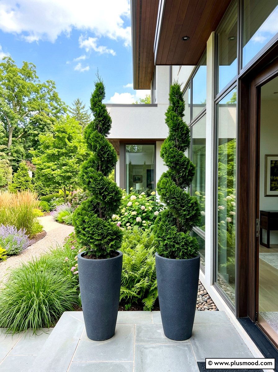 Tall spiral topiaries - 25 summer front porch decor ideas with topiaries