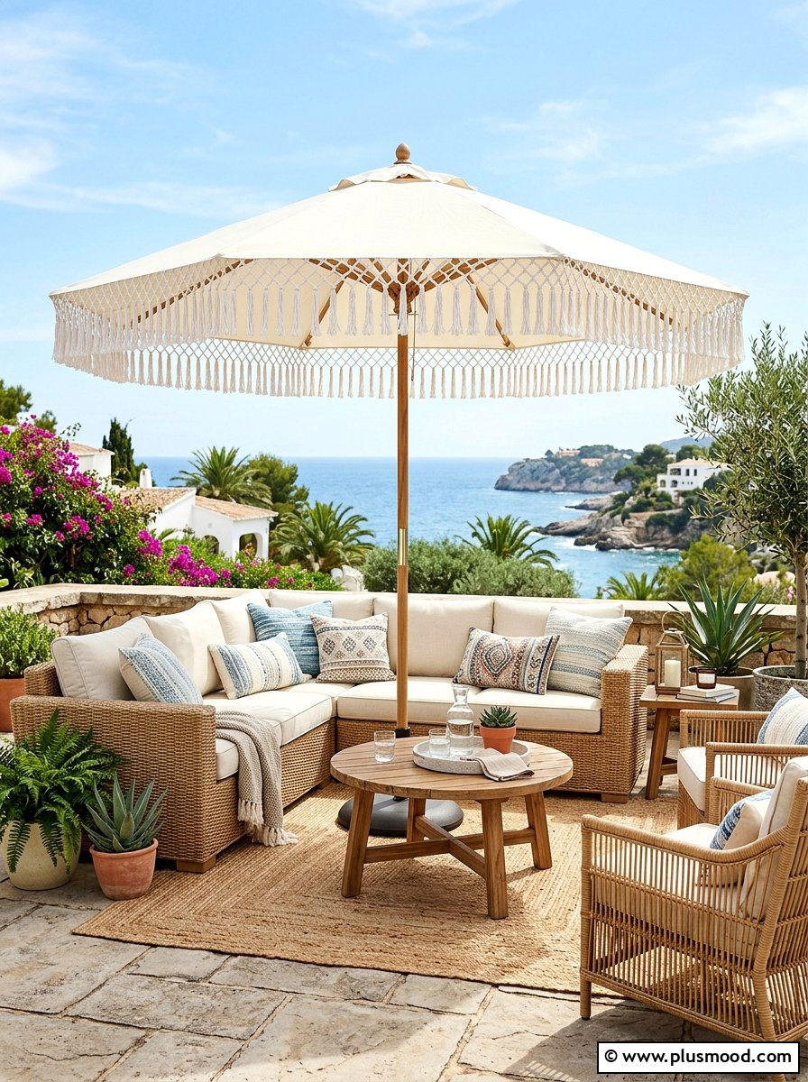 Tassel Patio Umbrella - 25 summer boho patio ideas