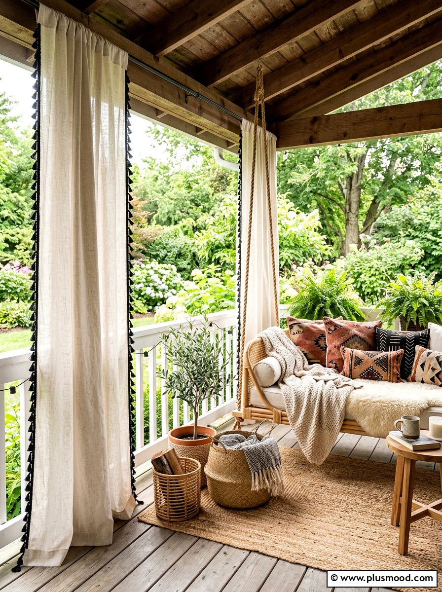 Tassel Trimmed Porch Drapes - 25 summer patio ideas with outdoor curtains