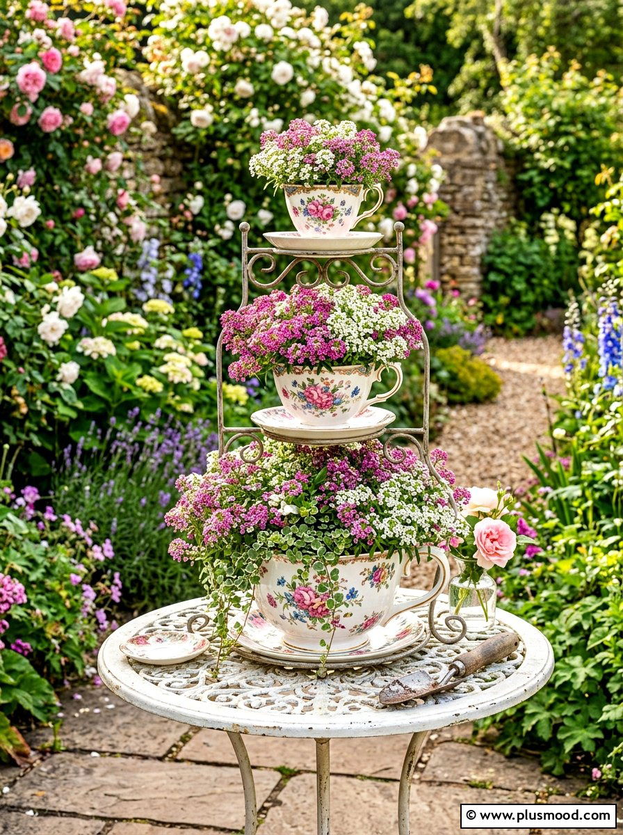 Tea cup style tiered planter - 25 summer stacked planter ideas