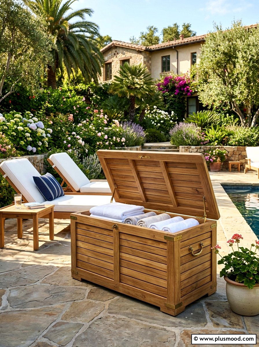 Teak Wood Outdoor Towel Trunk - 25 summer towel station ideas for pool area