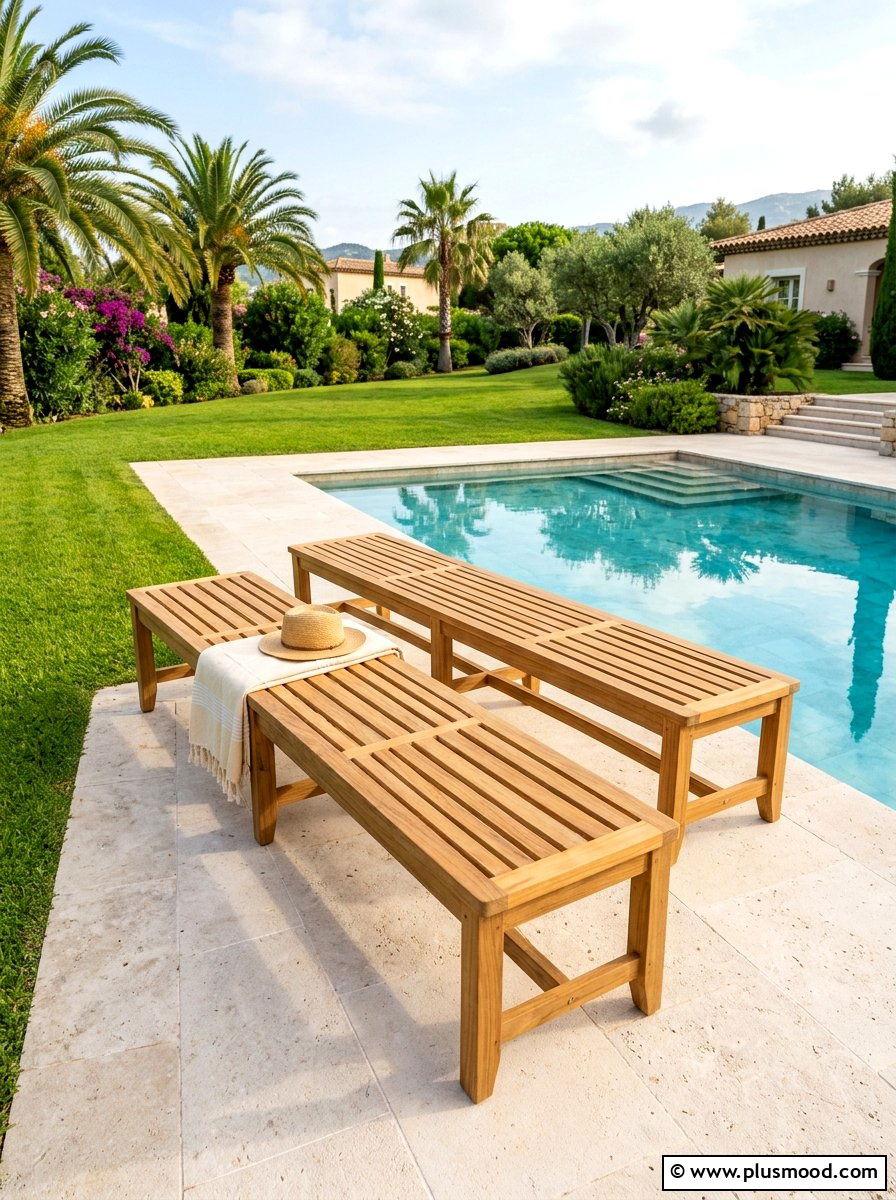 Teak Wood Pool Benches - 25 late summer pool decor ideas