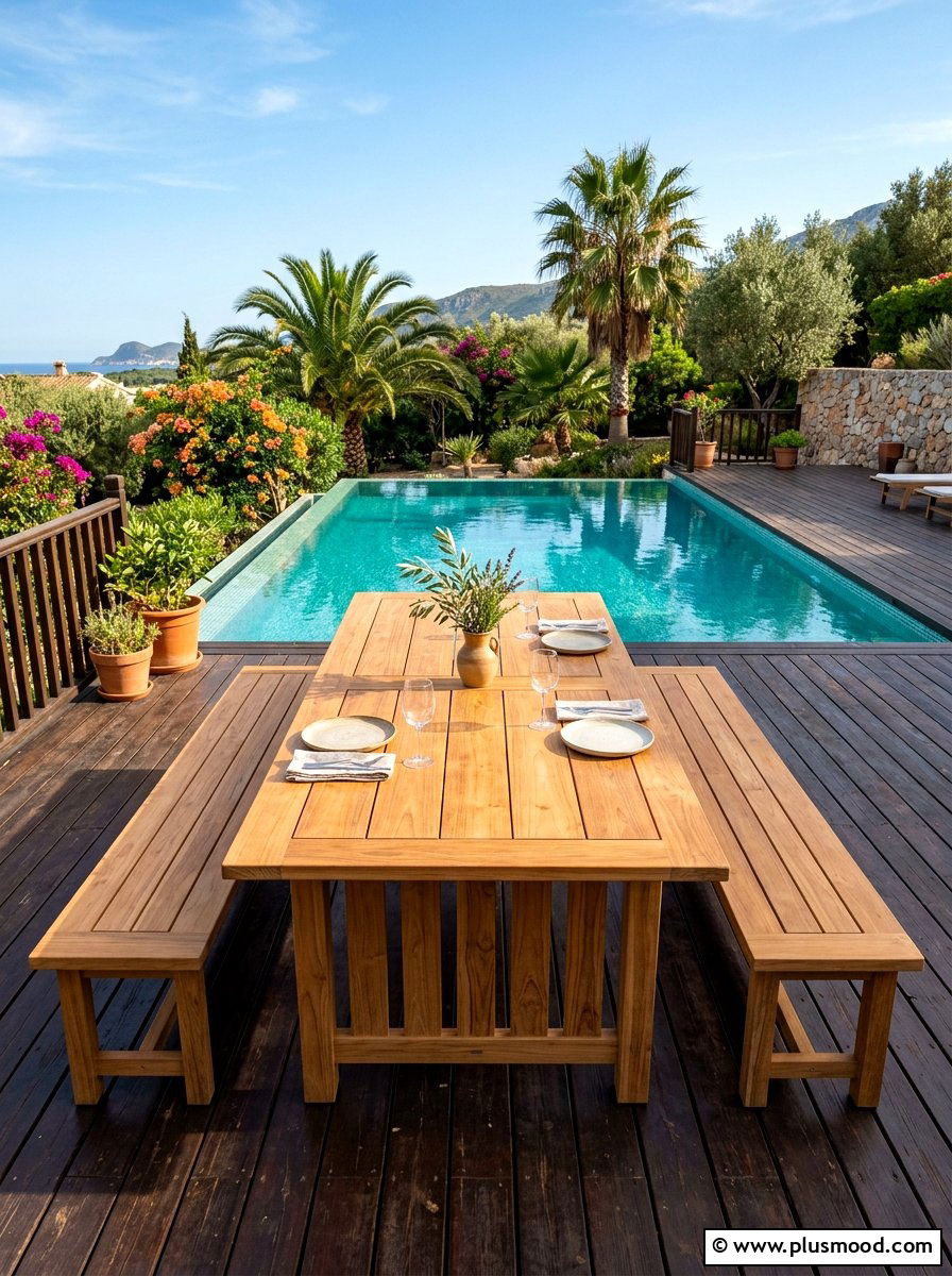 Teak Wood Table - 25 summer poolside dining ideas