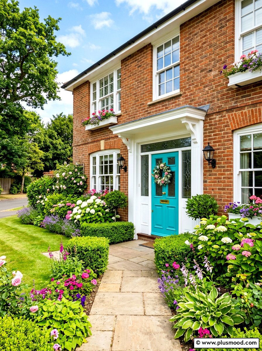 Teal Front Door Accent - 25 summer brick house curb appeal ideas