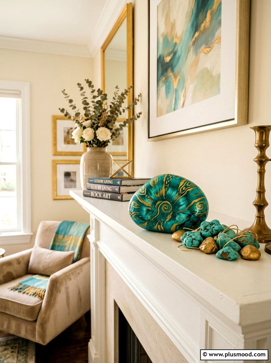 Teal and gold tie dye rock painting - 25 painted rock ideas with tie dye effect