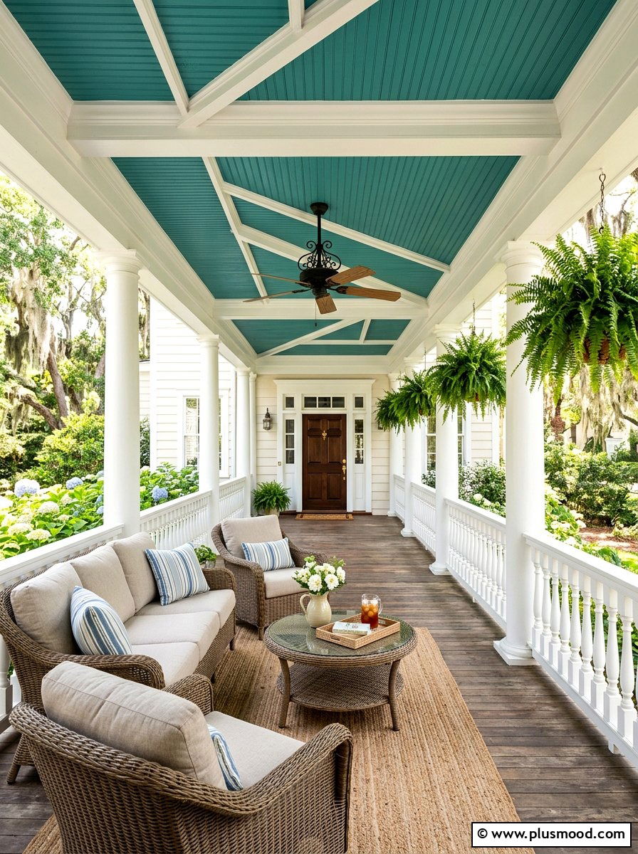 Teal porch ceiling - 25 summer colorful curb appeal ideas