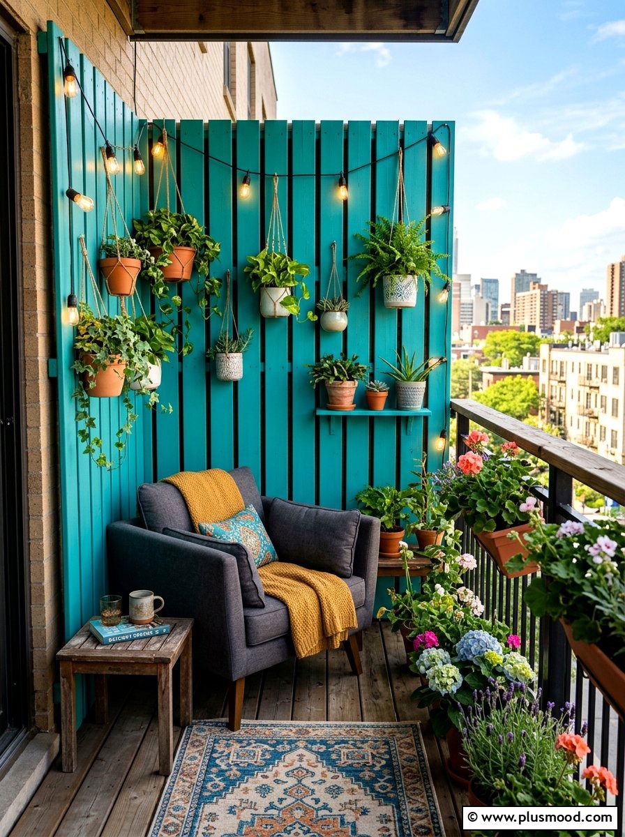 Teal privacy screen - 25 summer colorful balcony ideas