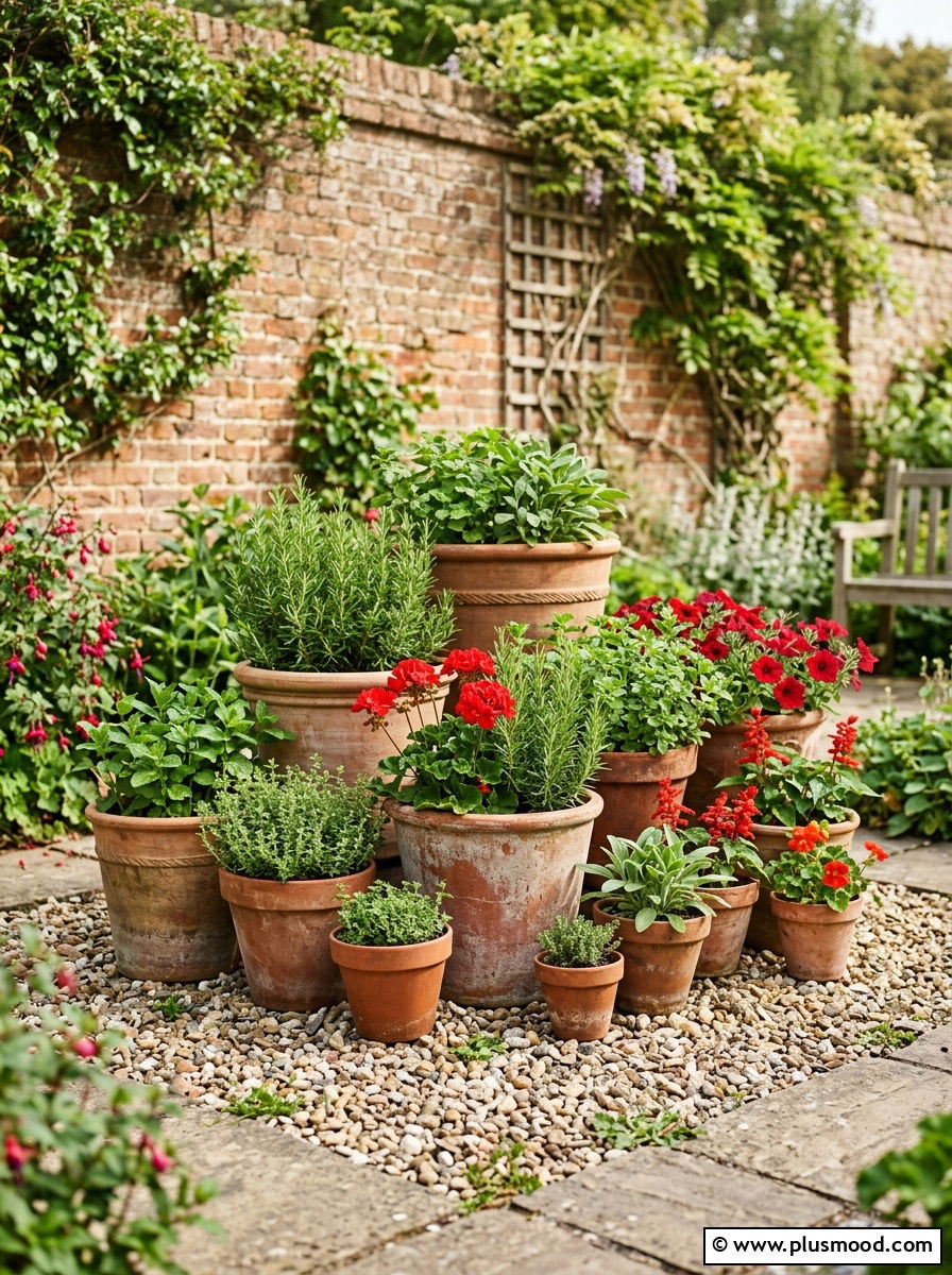 Terra Cotta Pot Display - 25 small backyard ideas with potted plants