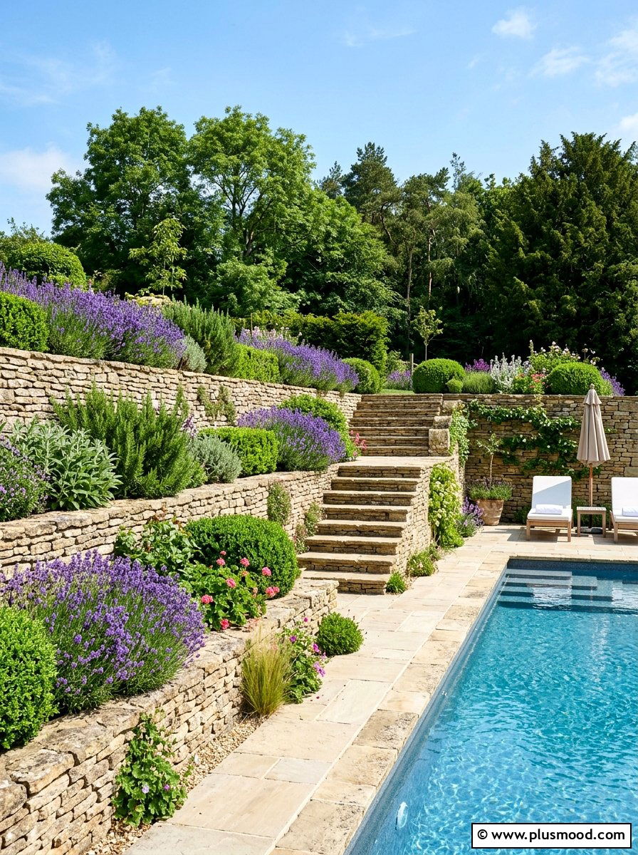 Terraced Garden - 25 pool landscaping ideas for sloped yards