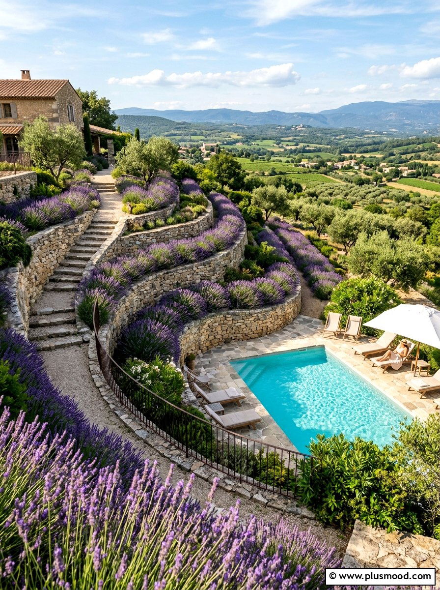 Terraced pool landscape with lavender - 25 pool landscaping ideas with lavender