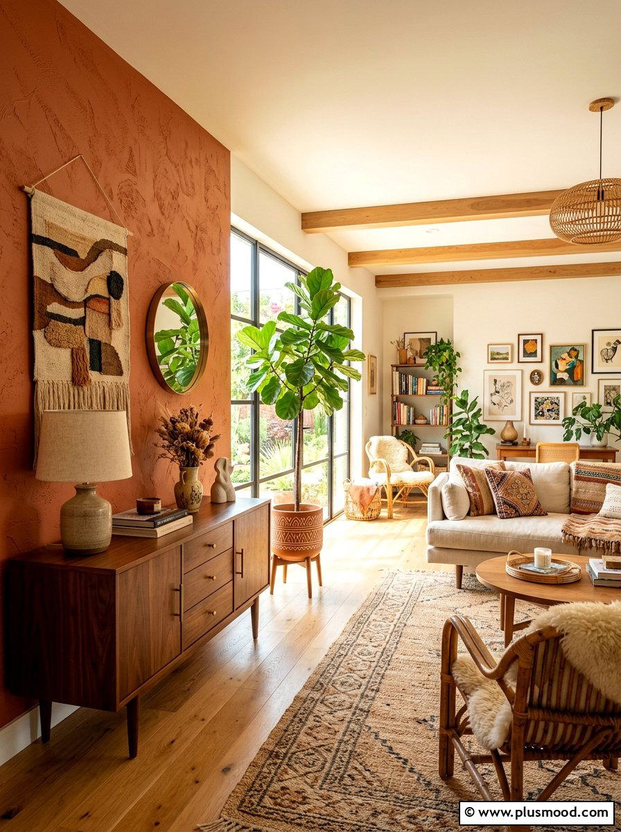 Terracotta Accent Wall - 25 late summer living room ideas