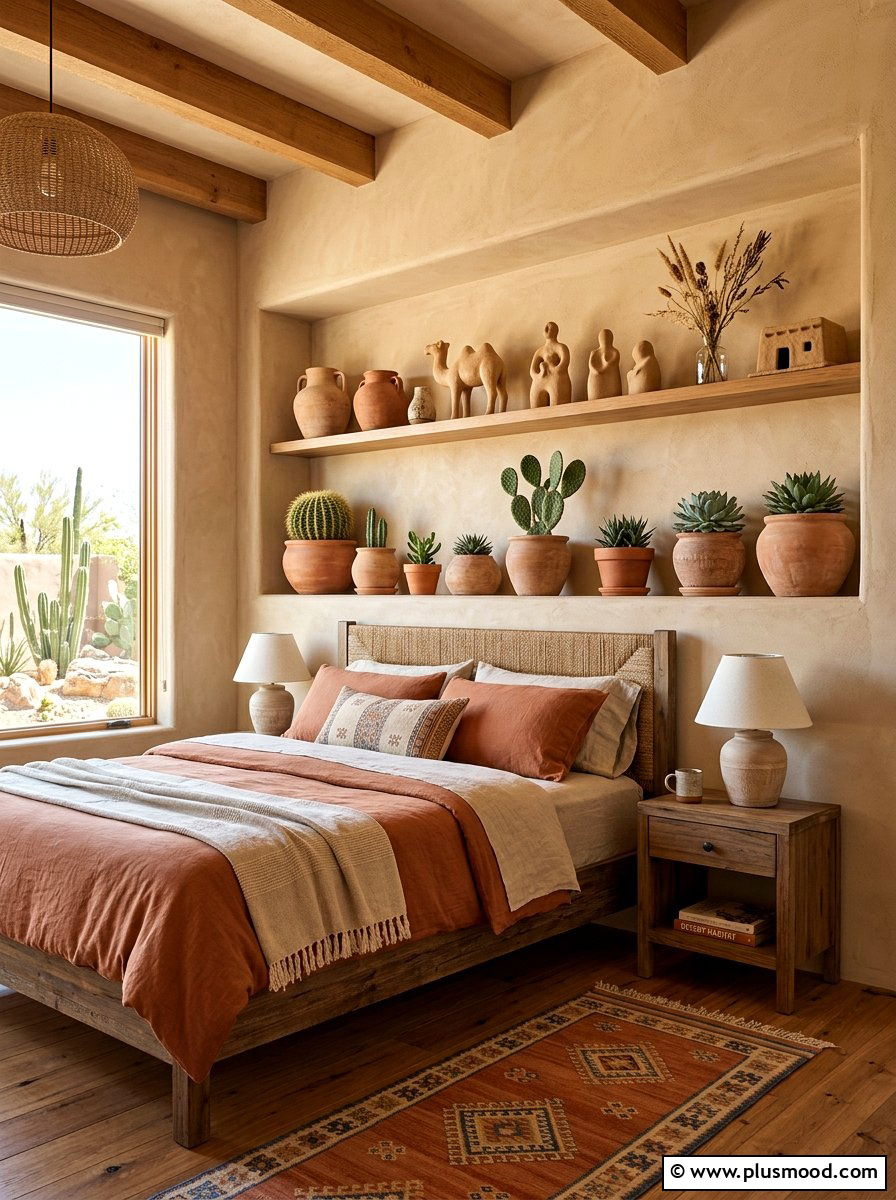 Terracotta Earthy Bedroom Shelf - 25 summer bedroom shelf decor ideas