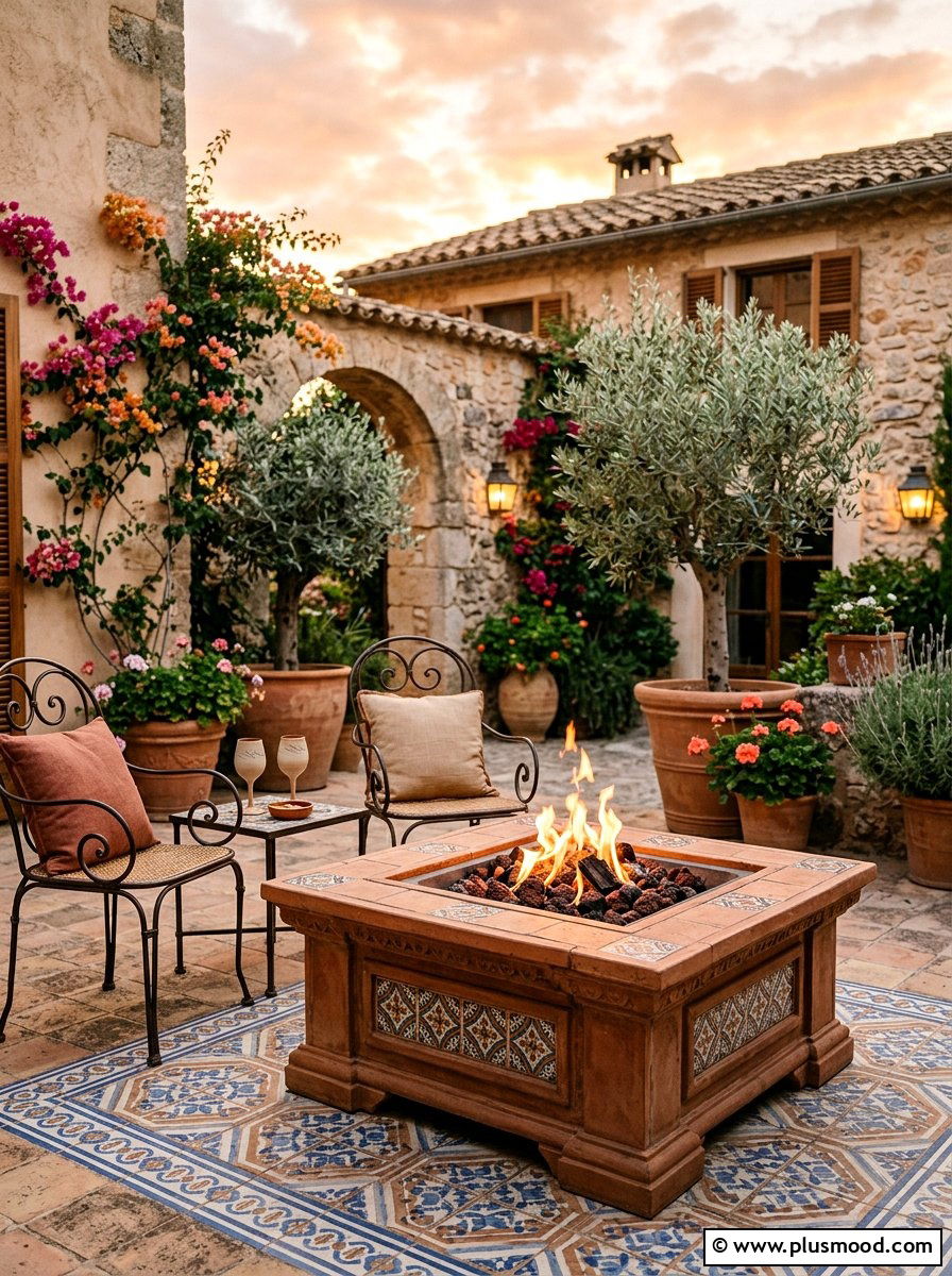 Terracotta Fire Table Mediterranean Garden - 25 small backyard ideas with fire table