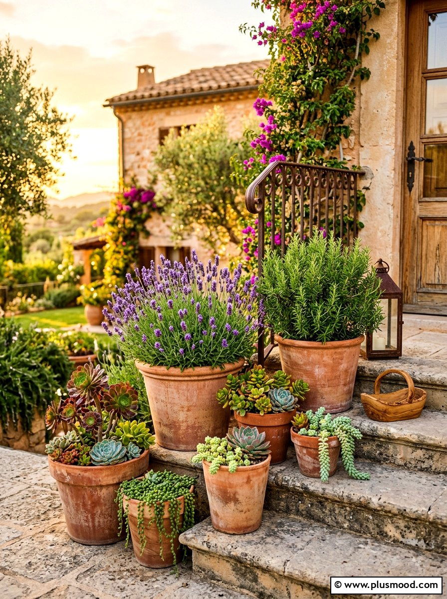 Terracotta Pot Cluster - 25 summer front steps ideas for summer