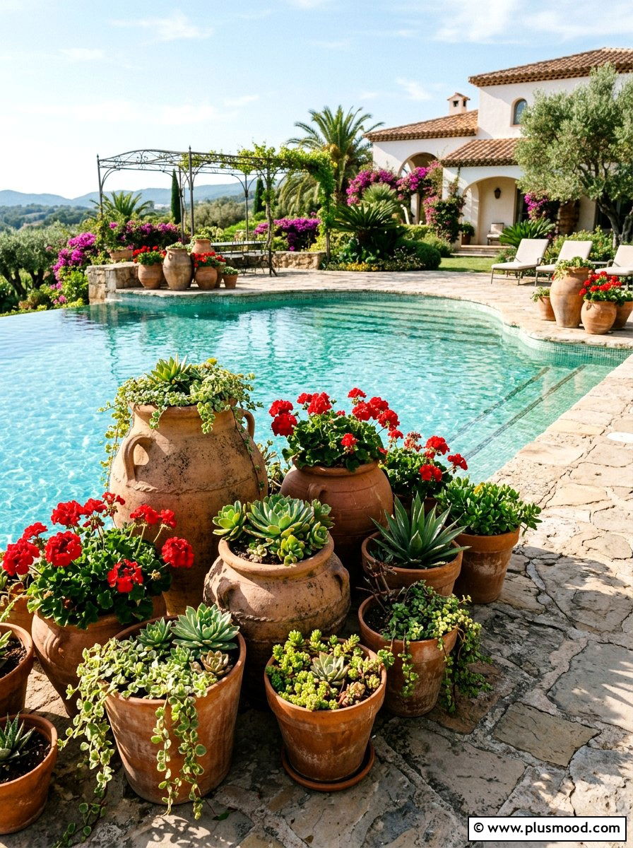 Terracotta Pot Pool Decor - 25 pool landscaping ideas for Mediterranean style